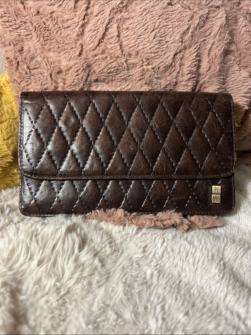 Quilted Dark Brown Leather Clutch Wallet with Gold Accent